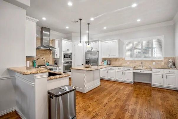 Interior, Kitchen, Pendant Lights, Recessed Lighting, Stainless Steel Appliances, Wood Texture Flooring
