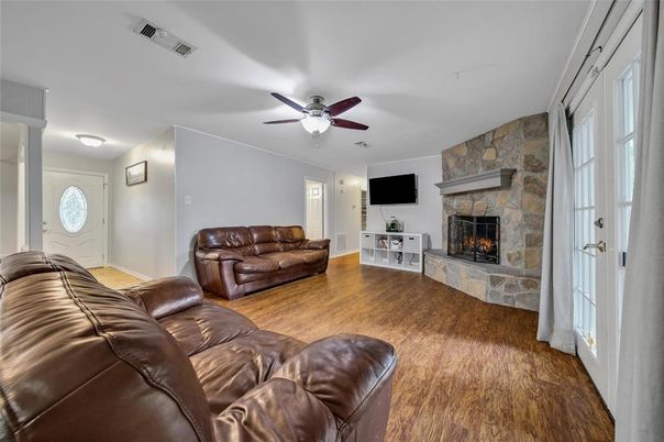 Fireplace, Interior, Living room, Stone Walls, Wood Texture Flooring
