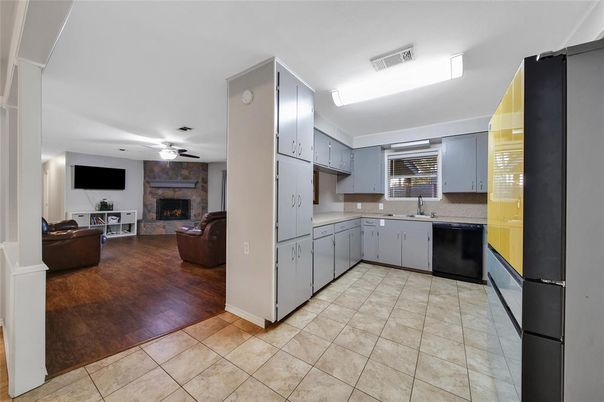 Fireplace, Interior, Kitchen, Living room, Wood Texture Flooring