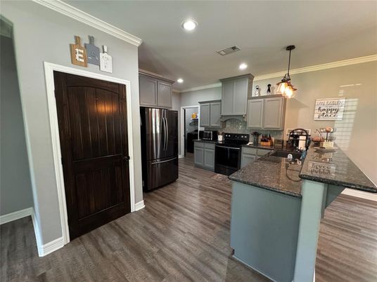 Interior, Kitchen, Pendant Lights, Recessed Lighting, Stainless Steel Appliances, Wood Texture Flooring