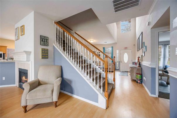 Fireplace, Interior, Recessed Lighting, Wood Texture Flooring
