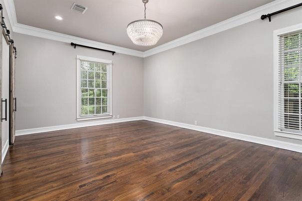 Chandelier, Empty room, Interior, Recessed Lighting, Wood Texture Flooring
