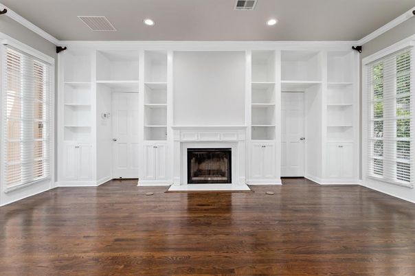 Empty room, Fireplace, Interior, Recessed Lighting, Wood Texture Flooring