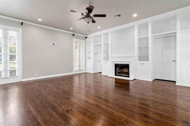 Empty room, Fireplace, Interior, Recessed Lighting, Wood Texture Flooring