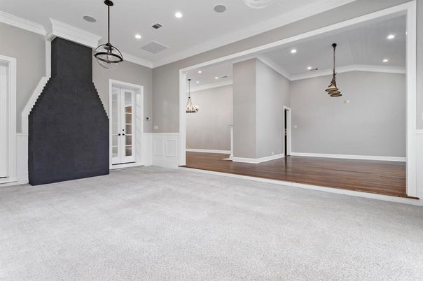 Empty room, Interior, Pendant Lights, Recessed Lighting, Wood Texture Flooring