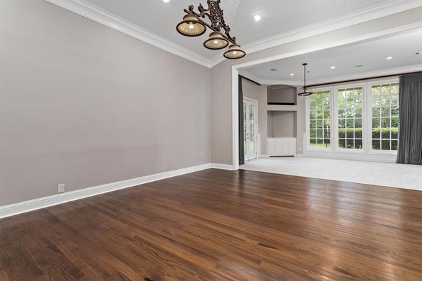 Empty room, Interior, Pendant Lights, Recessed Lighting, Wood Texture Flooring