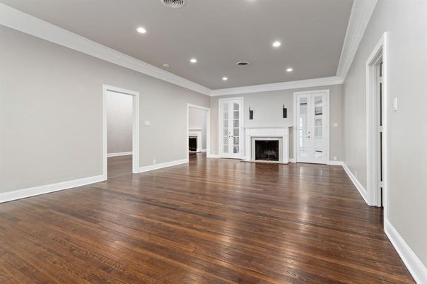 Empty room, Fireplace, Interior, Recessed Lighting, Wood Texture Flooring