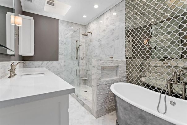 Bathroom, Free Standing Baths, Glass Shower, Interior, Marble, Marble Walls, Recessed Lighting