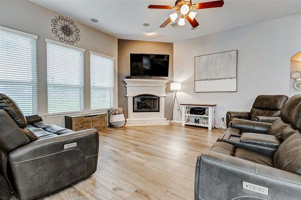 Home Theatre Room, Fireplace, Interior, Living room, Recessed Lighting, Wood Texture Flooring