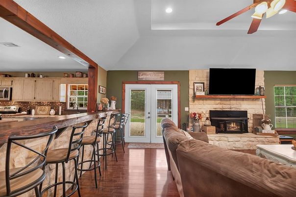 Fireplace, Interior, Kitchen, Living room, Recessed Lighting, Wood Texture Flooring