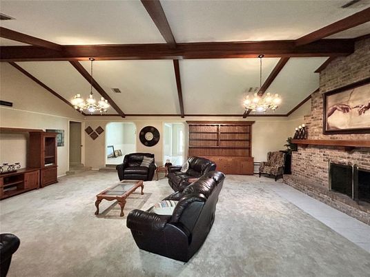Chandelier, Fireplace, Interior, Living room, Stone Walls, Wooden Beams