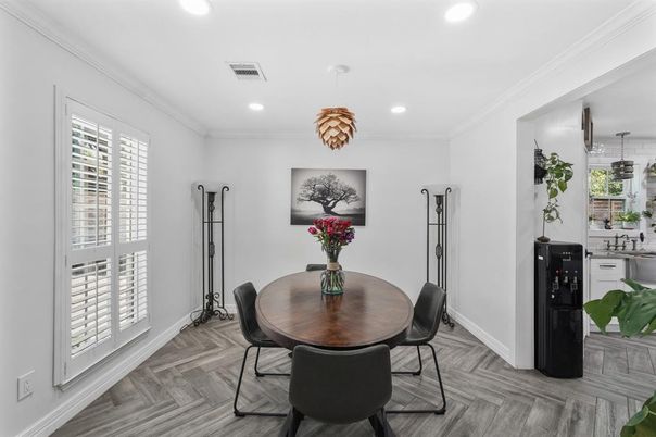 Dining room, Interior, Pendant Lights, Recessed Lighting, Wood Texture Flooring