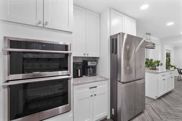 Interior, Kitchen, Recessed Lighting, Stainless Steel Appliances, Wood Texture Flooring