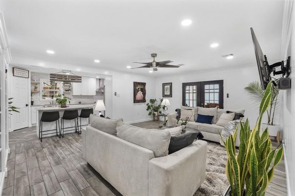 Interior, Kitchen, Living room, Recessed Lighting, Wood Texture Flooring