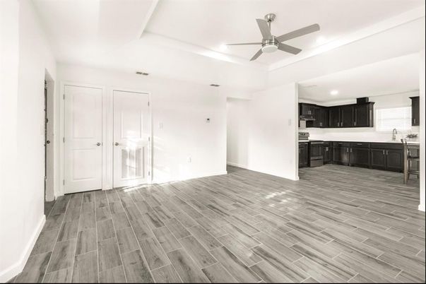 Empty room, Interior, Kitchen, Recessed Lighting, Wood Texture Flooring