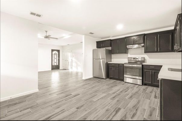 Interior, Kitchen, Recessed Lighting, Stainless Steel Appliances, Wood Texture Flooring