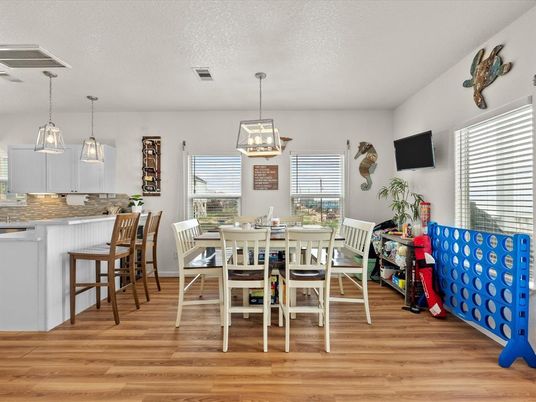 Dining room, Interior, Pendant Lights, Wood Texture Flooring