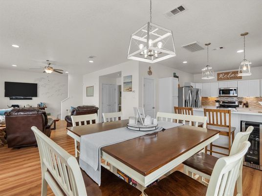 Dining room, Interior, Kitchen, Living room, Pendant Lights, Recessed Lighting, Stainless Steel Appliances, Wood Texture Flooring
