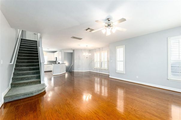 Chandelier, Empty room, Interior, Kitchen, Recessed Lighting, Wood Texture Flooring