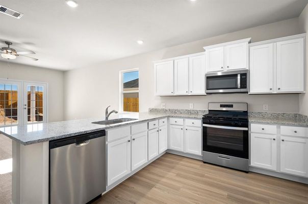 Interior, Kitchen, Recessed Lighting, Stainless Steel Appliances, Wood Texture Flooring