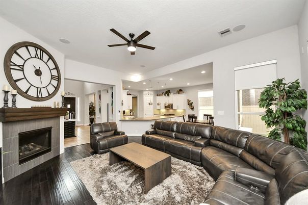 Fireplace, Interior, Kitchen, Living room, Recessed Lighting, Wood Texture Flooring
