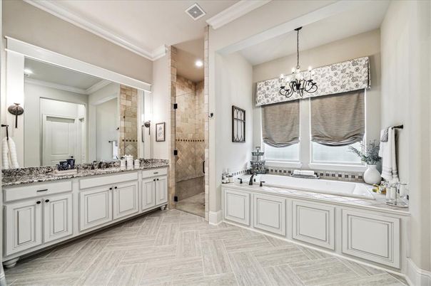 Bathroom, Chandelier, Dual Sink Vanities, Interior, Recessed Lighting, Wood Texture Flooring