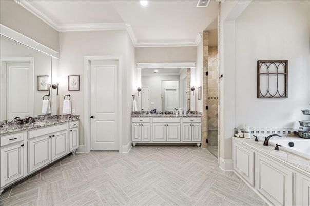 Bathroom, Dual Sink Vanities, Interior, Recessed Lighting, Wood Texture Flooring