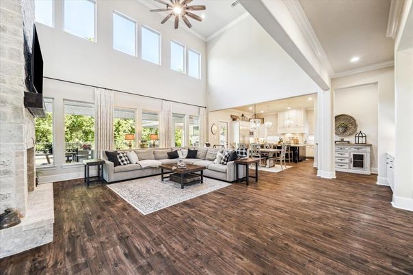 Fireplace, Interior, Kitchen, Living room, Pendant Lights, Recessed Lighting, Stone Walls, Wood Texture Flooring
