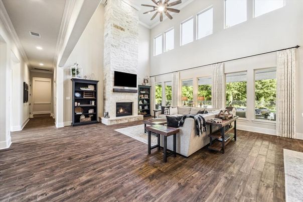 Fireplace, Interior, Living room, Recessed Lighting, Wood Texture Flooring