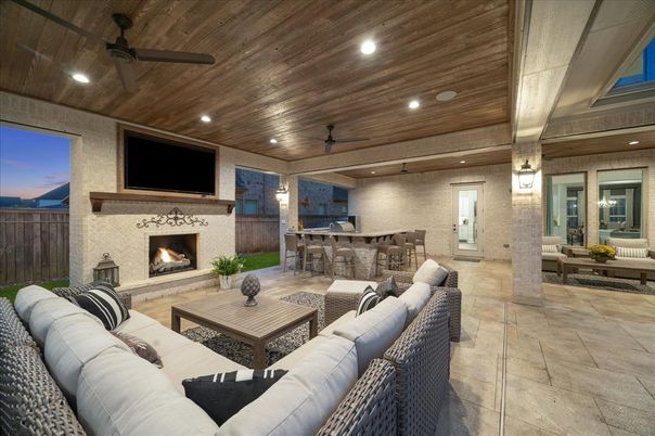 Dining room, Fireplace, Interior, Living room, Pendant Lights, Recessed Lighting, Wooden Ceilings