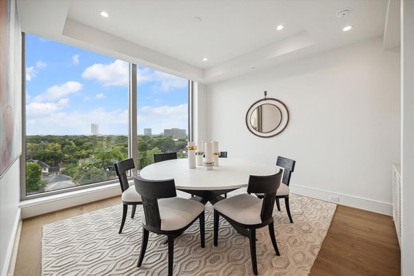Dining room, Interior, Recessed Lighting, Wood Texture Flooring