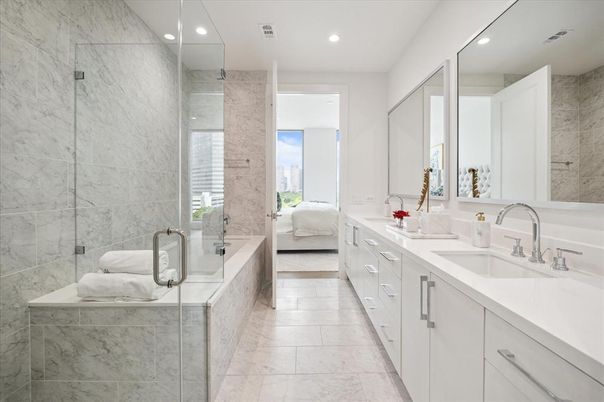 Bathroom, Bedroom, Dual Sink Vanities, Glass Shower, Interior, Marble Walls, Recessed Lighting