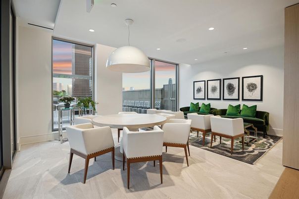 Dining room, Interior, Living room, Pendant Lights, Recessed Lighting, Wood Texture Flooring