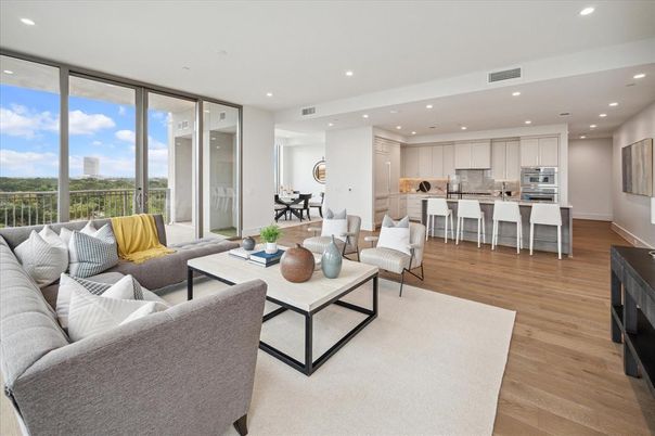 Dining room, Interior, Kitchen, Living room, Recessed Lighting, Stainless Steel Appliances, Wood Texture Flooring