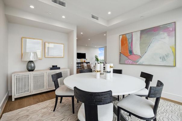 Dining room, Interior, Recessed Lighting, Wood Texture Flooring