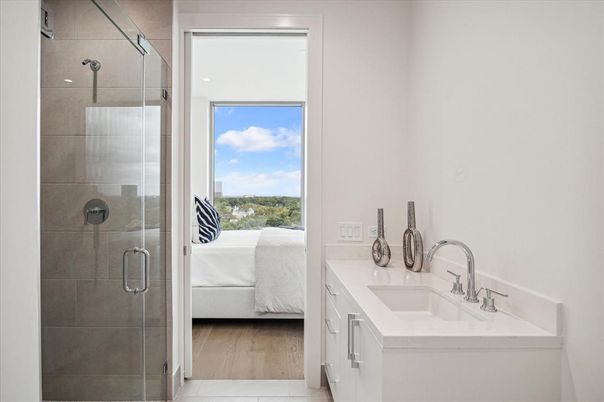 Bathroom, Bedroom, Glass Shower, Interior, Wood Texture Flooring
