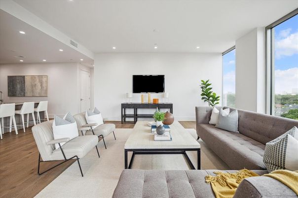 Dining room, Interior, Living room, Recessed Lighting, Wood Texture Flooring