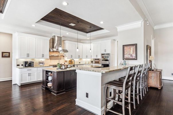 Interior, Kitchen, Pendant Lights, Recessed Lighting, Stainless Steel Appliances, Wooden Ceilings, Wood Texture Flooring