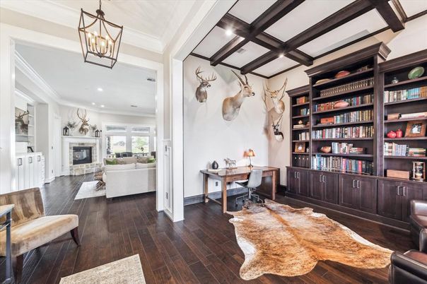 Fireplace, Home Office, Interior, Living room, Pendant Lights, Recessed Lighting, Wooden Beams, Wood Texture Flooring