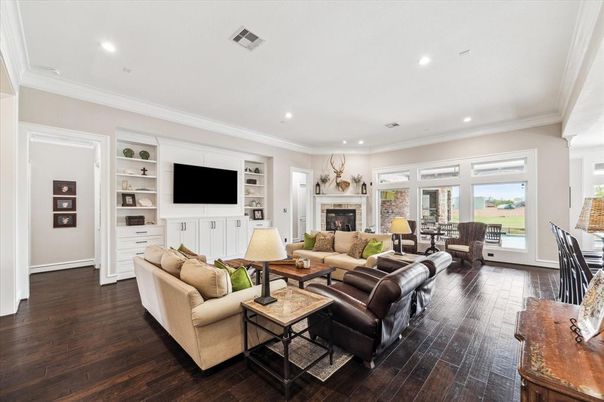 Fireplace, Interior, Living room, Recessed Lighting, Wood Texture Flooring