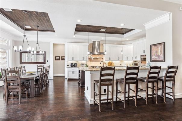 Dining room, Interior, Kitchen, Pendant Lights, Recessed Lighting, Stainless Steel Appliances, Wooden Ceilings, Wood Texture Flooring