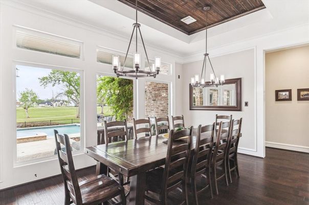 Chandelier, Dining room, Interior, Pendant Lights, Wooden Ceilings, Wood Texture Flooring