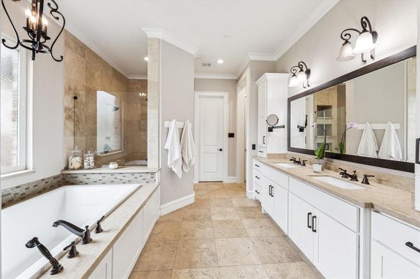 Bathroom, Dual Sink Vanities, Glass Shower, Interior, Recessed Lighting