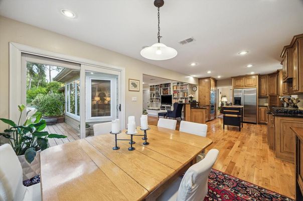 Dining room, Interior, Kitchen, Pendant Lights, Recessed Lighting, Stainless Steel Appliances, Wood Texture Flooring