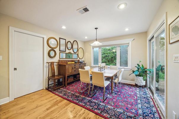 Dining room, Interior, Pendant Lights, Recessed Lighting, Wood Texture Flooring