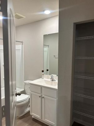 Bathroom, Interior, Recessed Lighting, Wood Texture Flooring