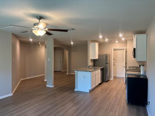 Interior, Kitchen, Recessed Lighting, Wood Texture Flooring