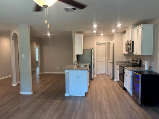 Interior, Kitchen, Recessed Lighting, Wood Texture Flooring