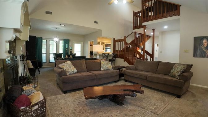 Dining room, Fireplace, Interior, Living room, Pendant Lights, Recessed Lighting
