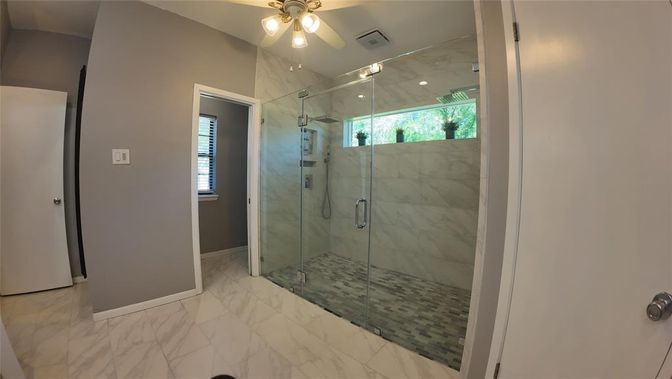 Bathroom, Glass Shower, Interior, Marble, Marble Walls, Recessed Lighting
